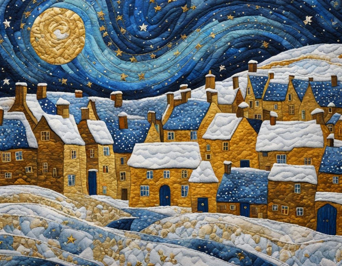 Winter Cotswold Village in Whimsical Quilted Art