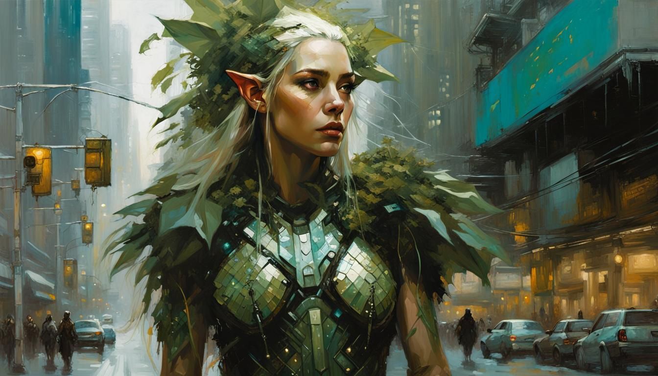 Elven Druid in Cyberpunk City, Oil Painting