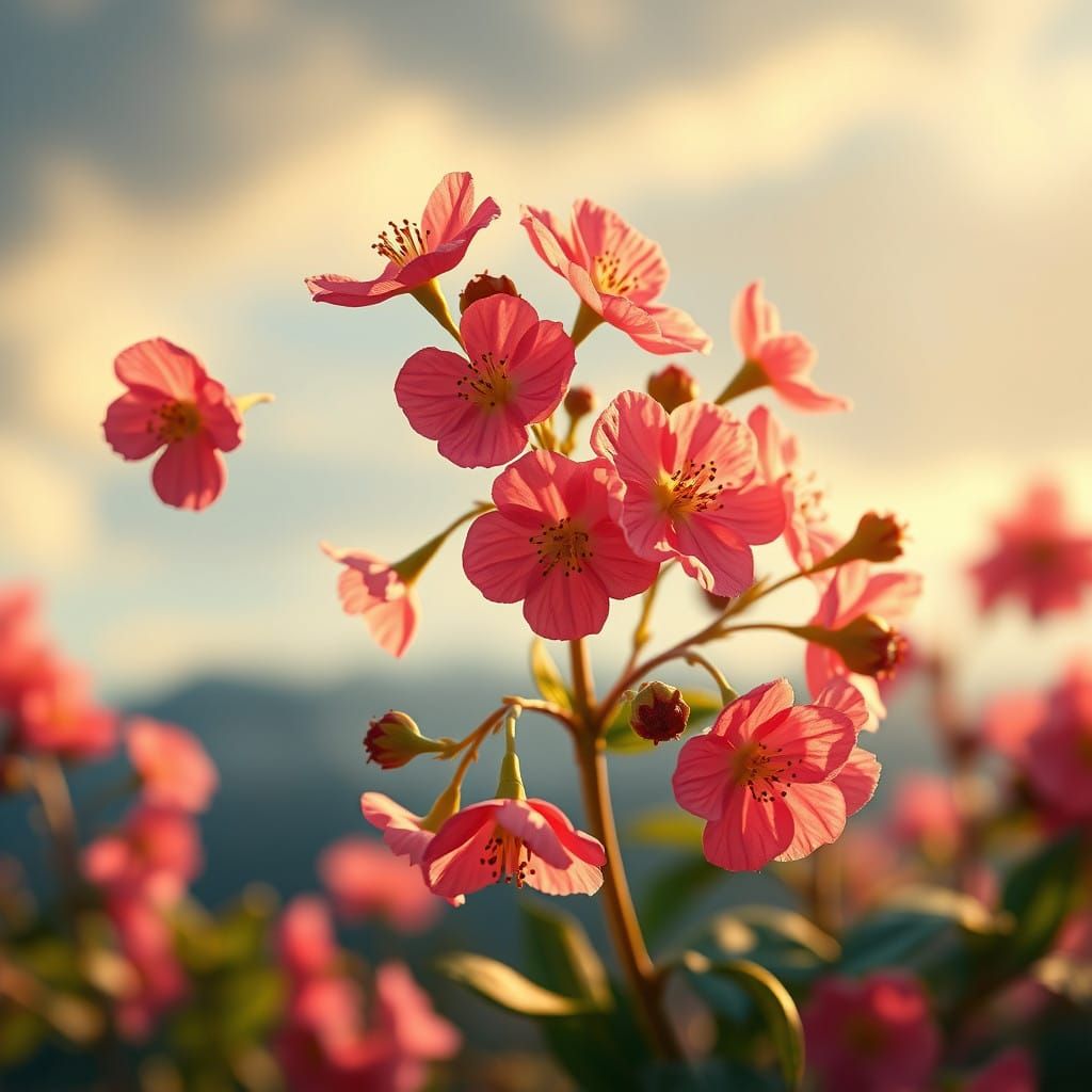 Dreamlike Cloudberry Blooms Under Mountain Skies