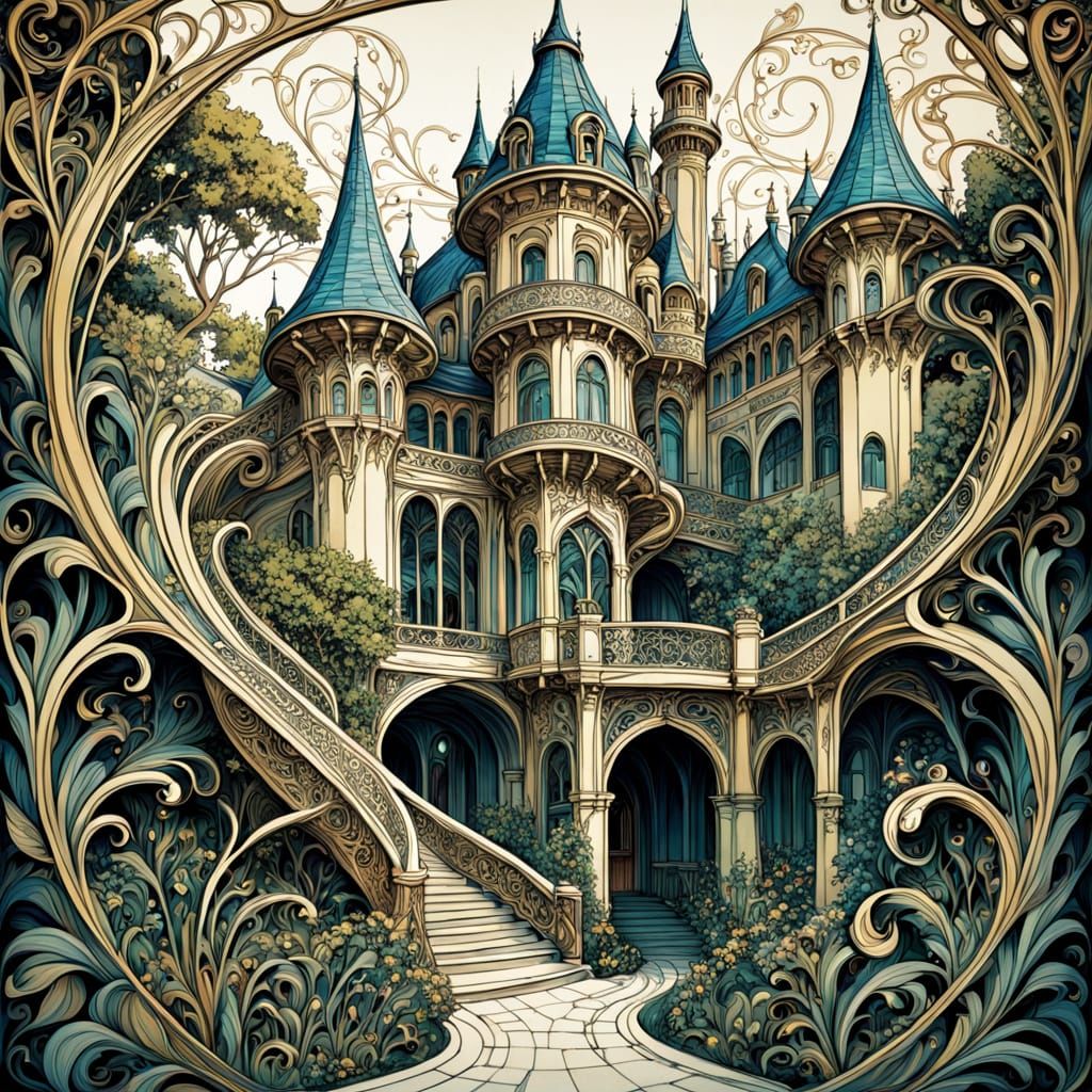 Elegant Art Nouveau Castle in Intricate Detail