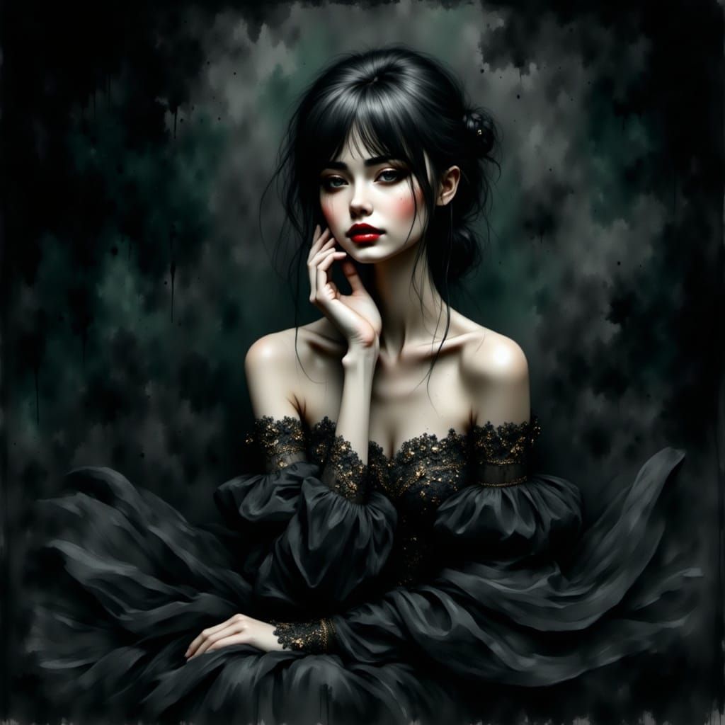 Girl in Black Gown: Watercolour and Matte Painting Fusion