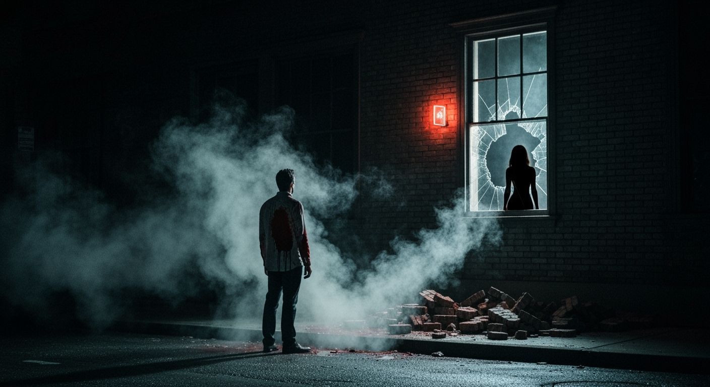Noir Street Scene: Man Stands in Blood Under Neon Light