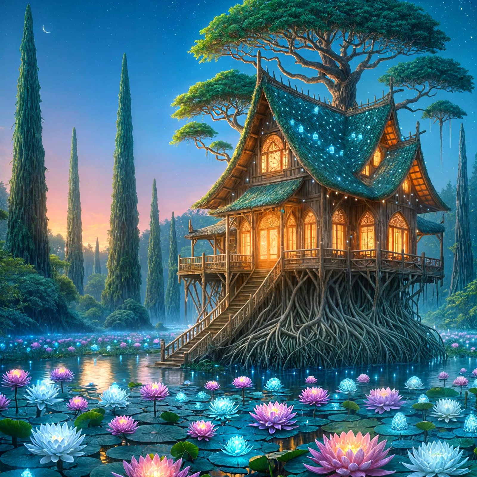 Twilight Dream House in Bioluminescent Swamp