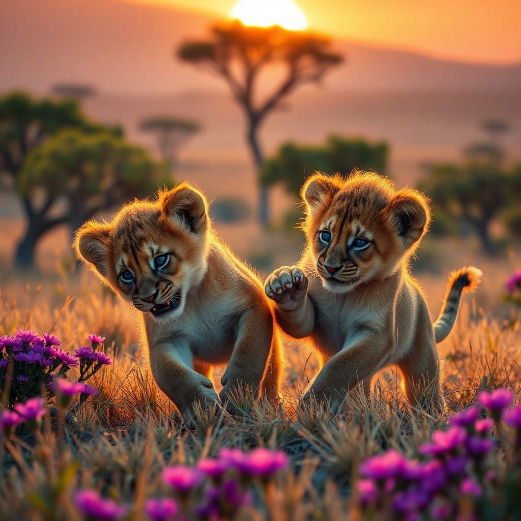 Vibrant Lion Cub Twins Play in Golden Sunset Savannah