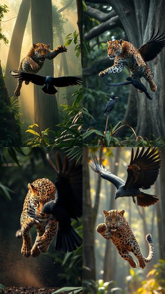Jaguar in Mid-Jump, Attacking a Bird in Amazon Jungle