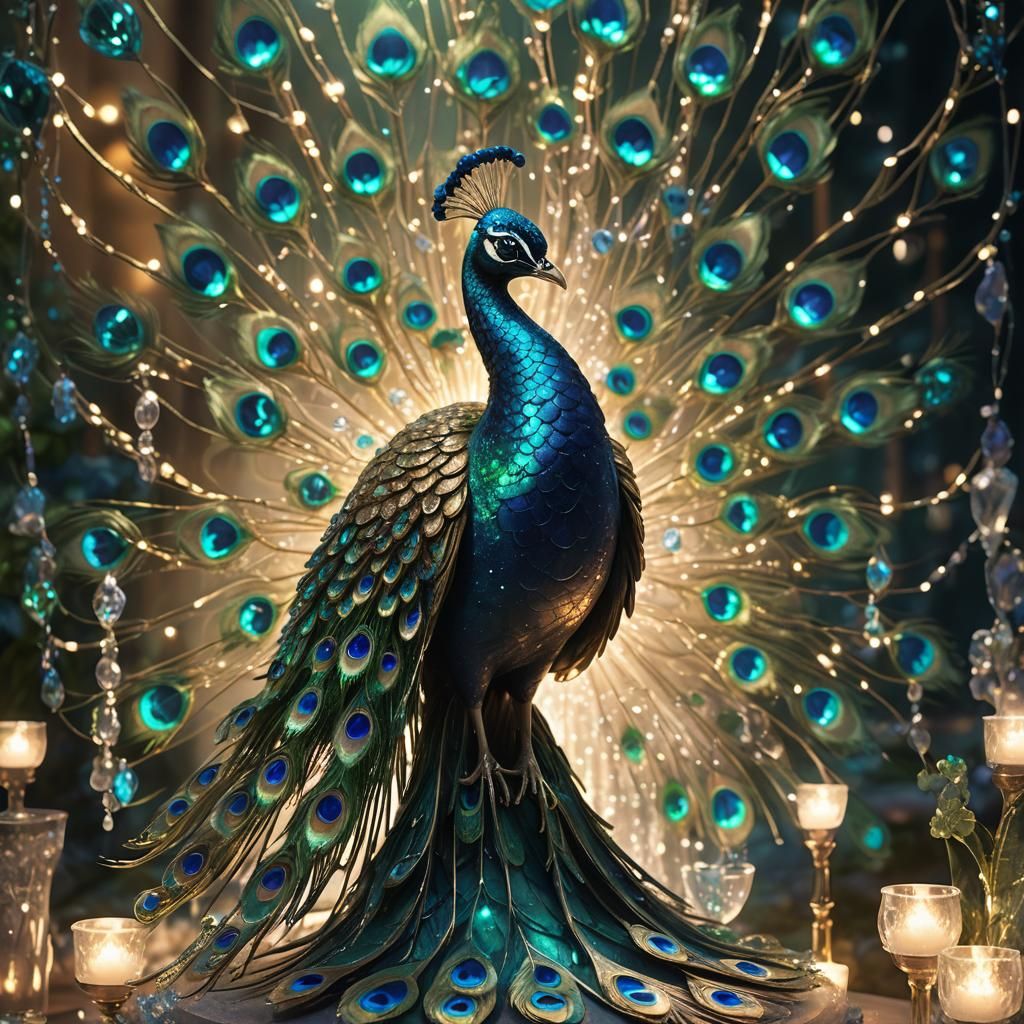 Glass Peacock Statue in Shimmering Light