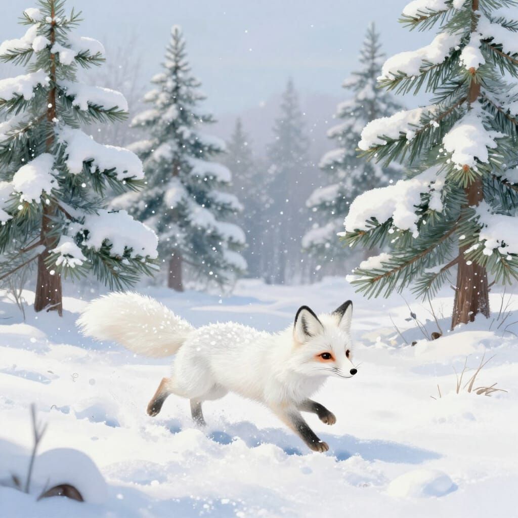 White Fox Frolics in Snowy Clearing