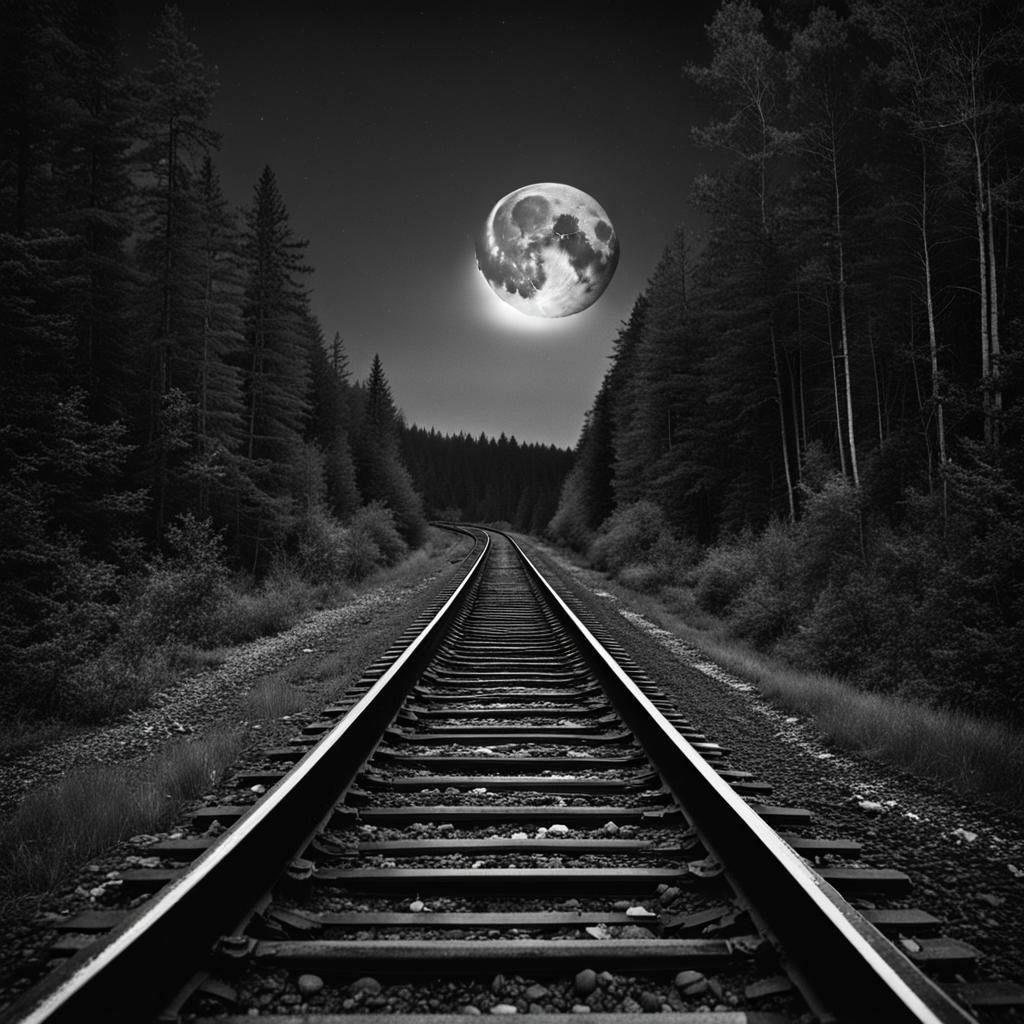 a train track with a full moon in the background in the middle of the forrest, ffffound, spiritual journey into madness,...