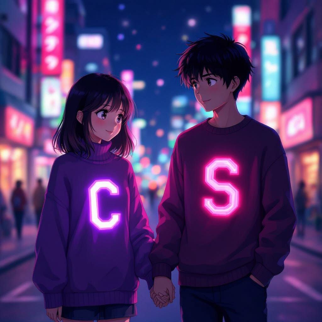 Anime Couple in City Night, Neon Lights