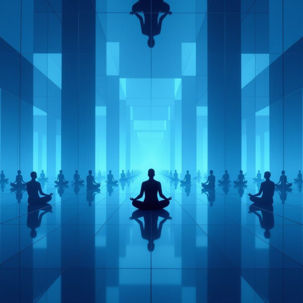 Meditating Figure in Infinite Light Hall of Mirrors