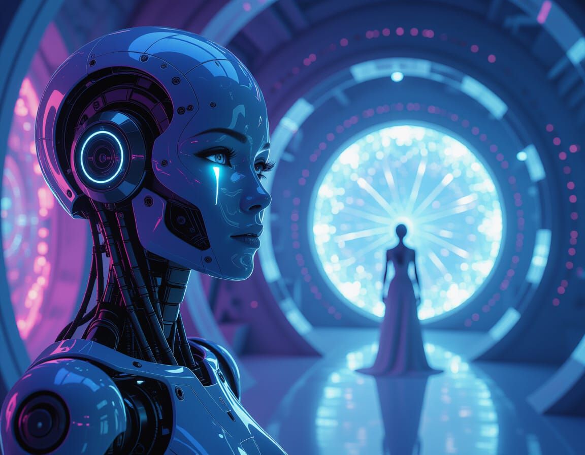 Androids Before Ethereal Portal in Dreamlike Sci-Fi Setting