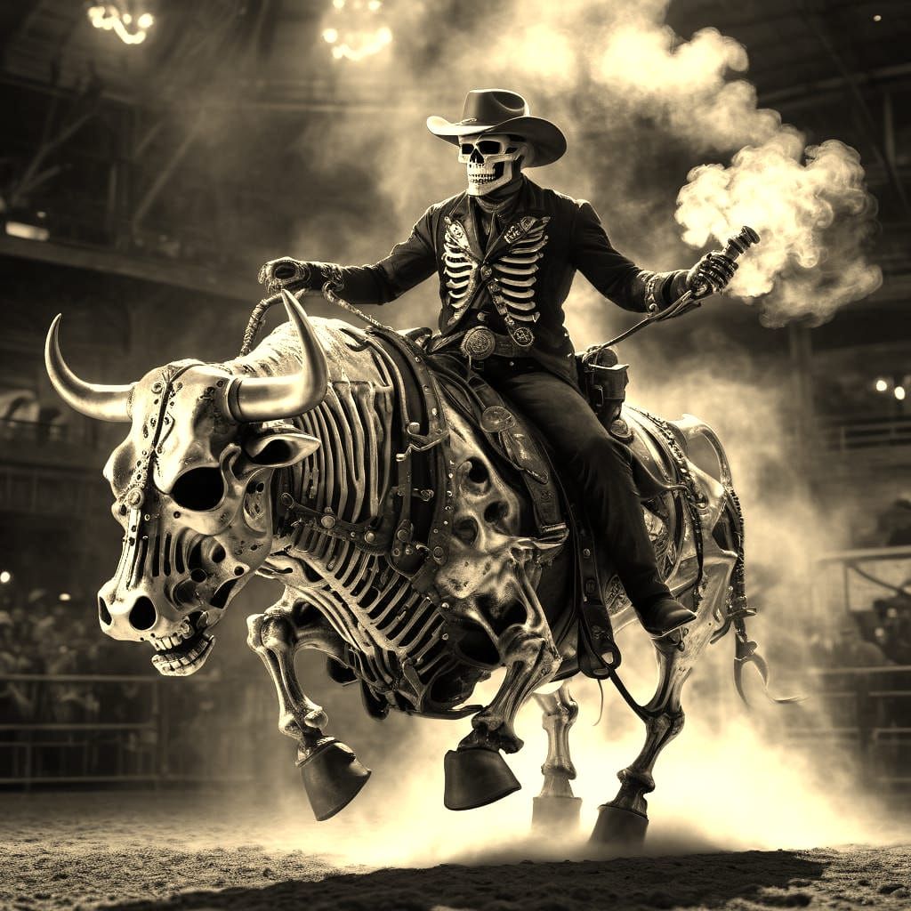 Cowboy Skeleton Rides Steampunk Bull
