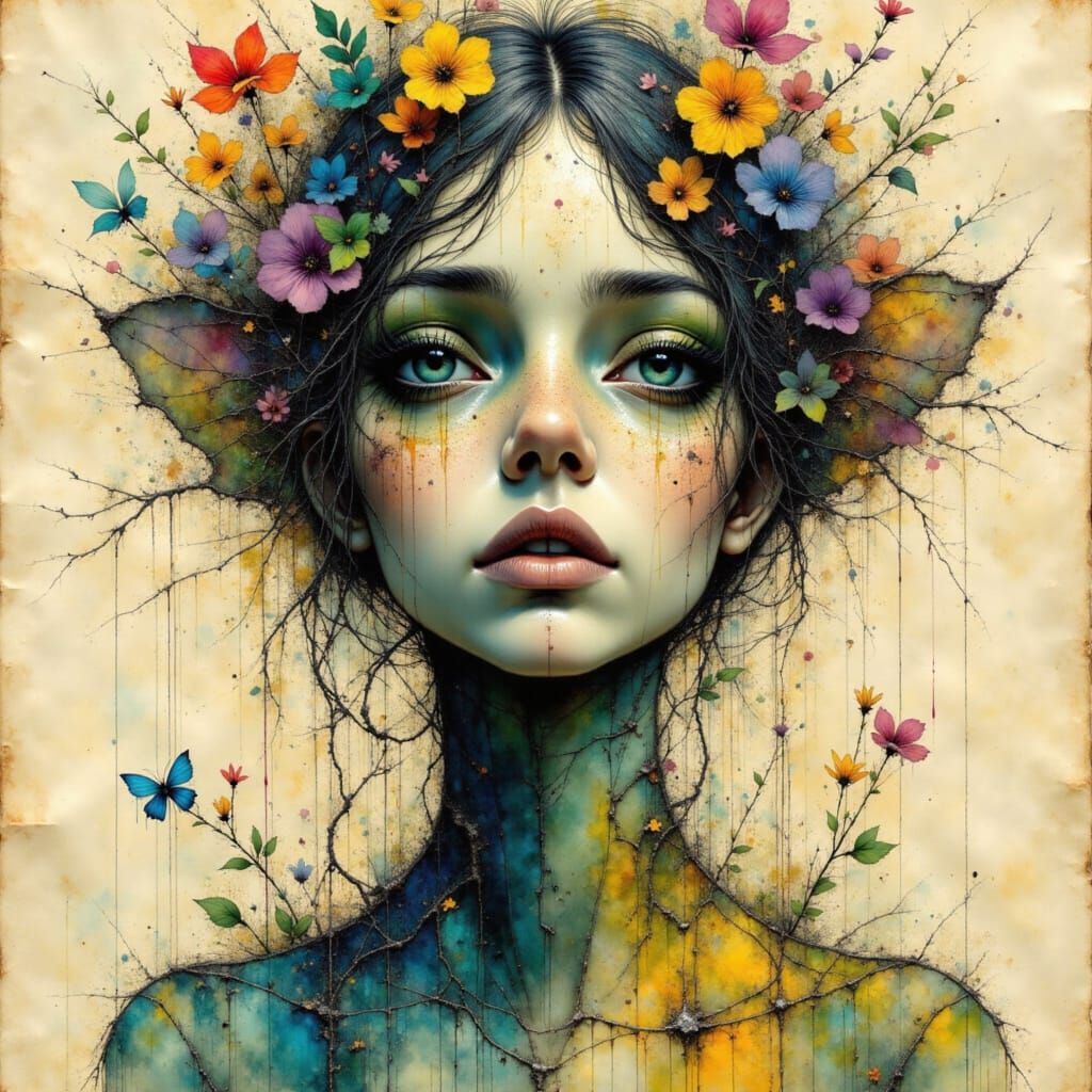 Somber Portrait in Muted Colors on Weathered Parchment