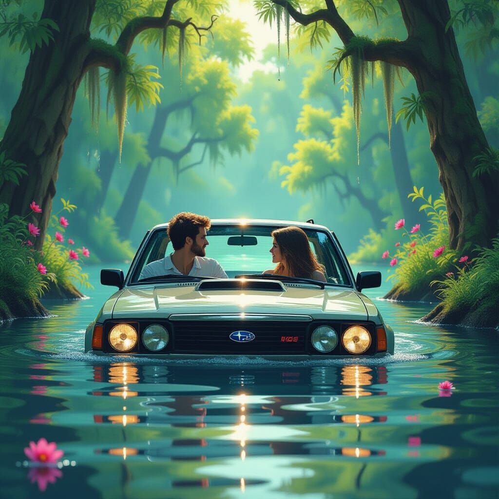 Strangers in Flooded Car, Hyperrealistic Digital Art