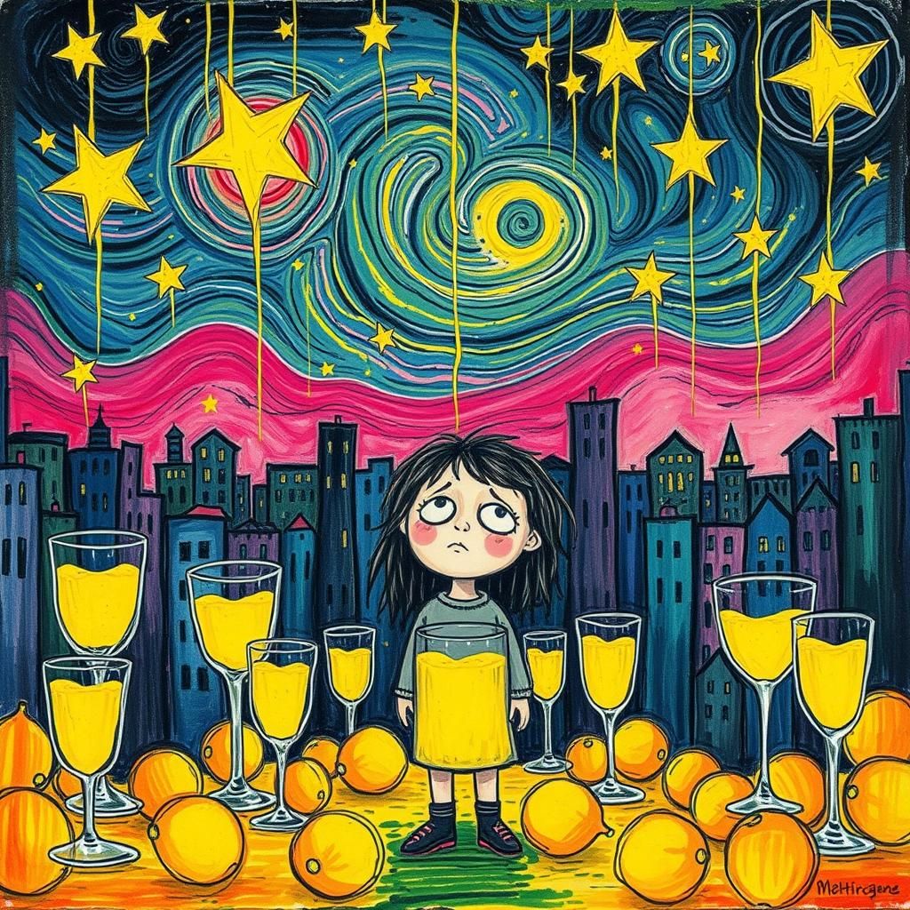 Cosmic Lemonade City: Naive Crayon Drawing in Gothic Whimsy