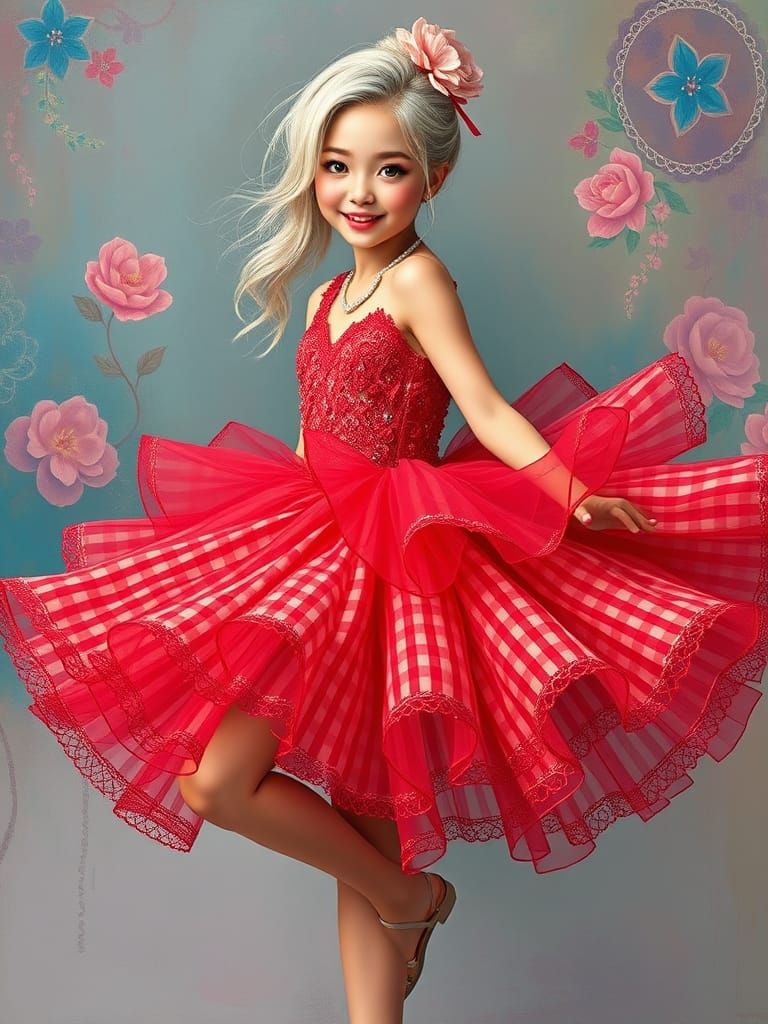 K-Pop Idol Girl in Haute Couture Tutu Dress with Gingham Pri...