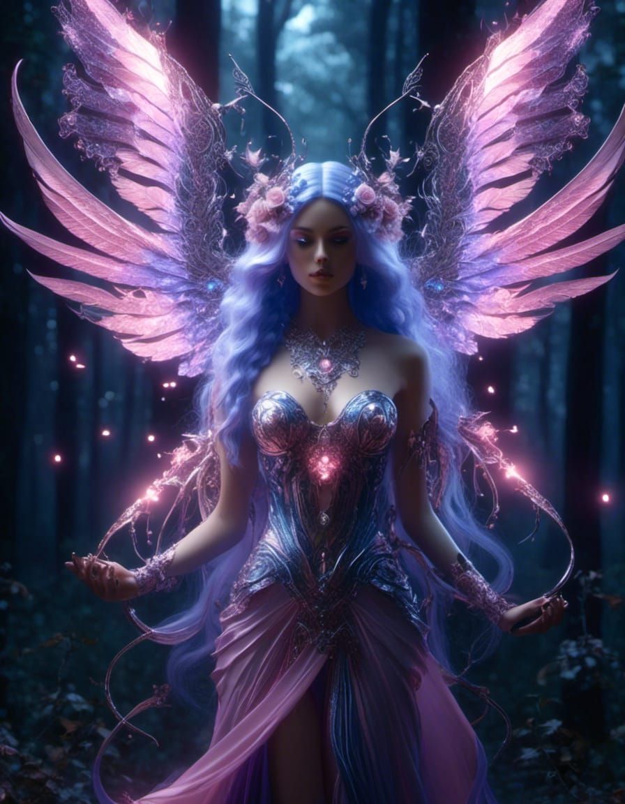 Female winged fairy mage. Pink, blue, lavenderand silver. In forest. <lora:Glowing runes dark:1.0> 8K resolution