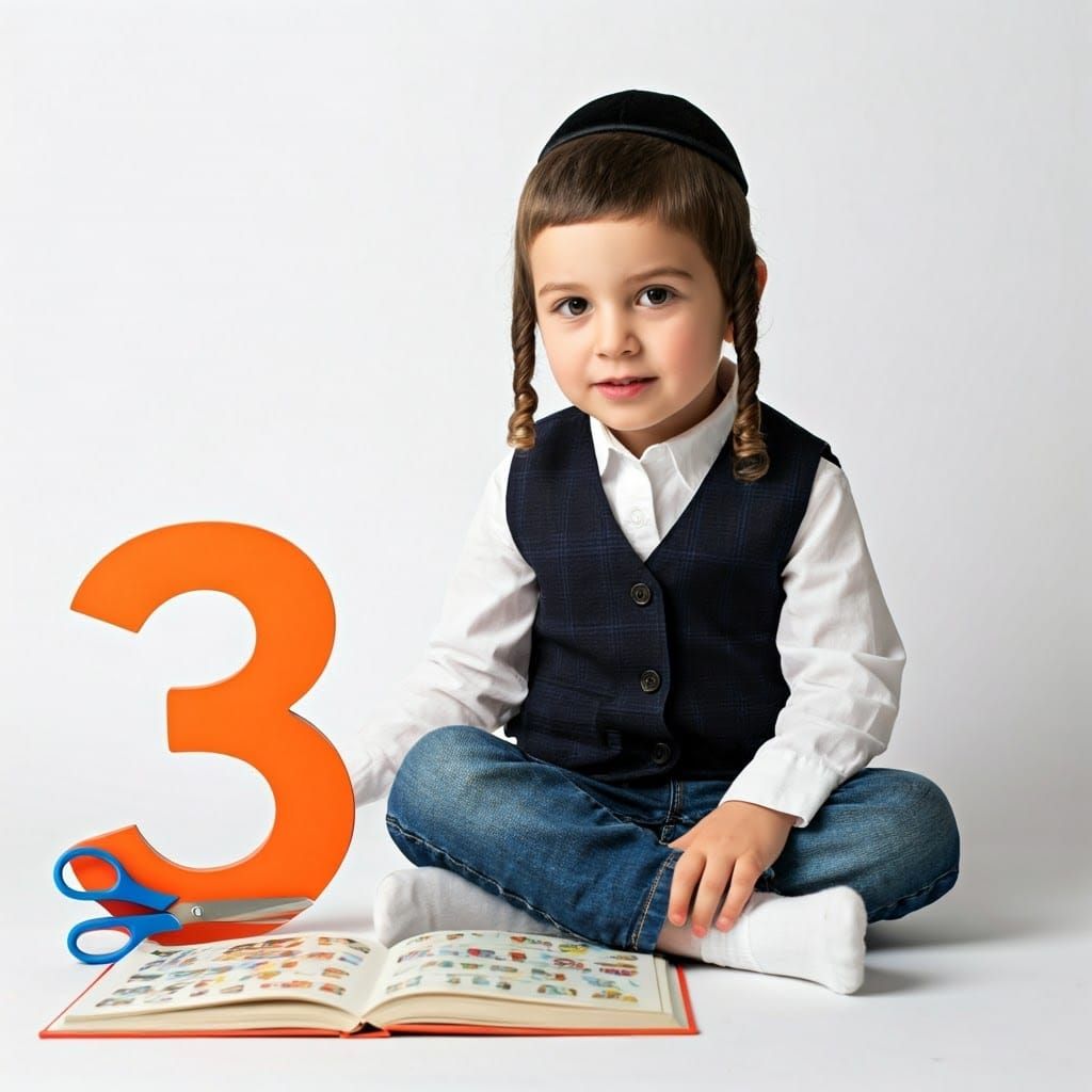 Hasidic Boy Examines Number 3 in Alphabet Book
