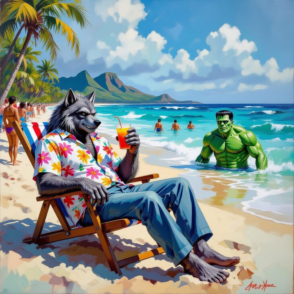 Werewolf and Frankenstein Relax on Tropical Beach