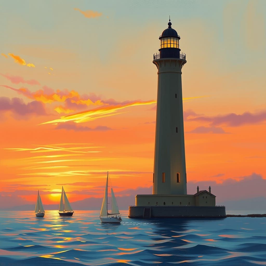 Lighthouse in Soft Pastel Sunset with Sailing Boats