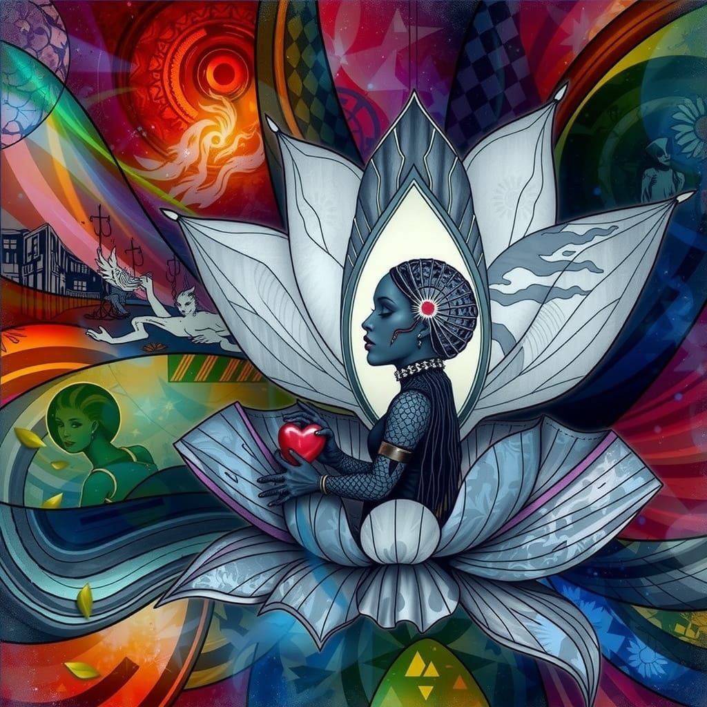 Goth Jesus Radiates Intense Flaming Heart in Geometric Black...