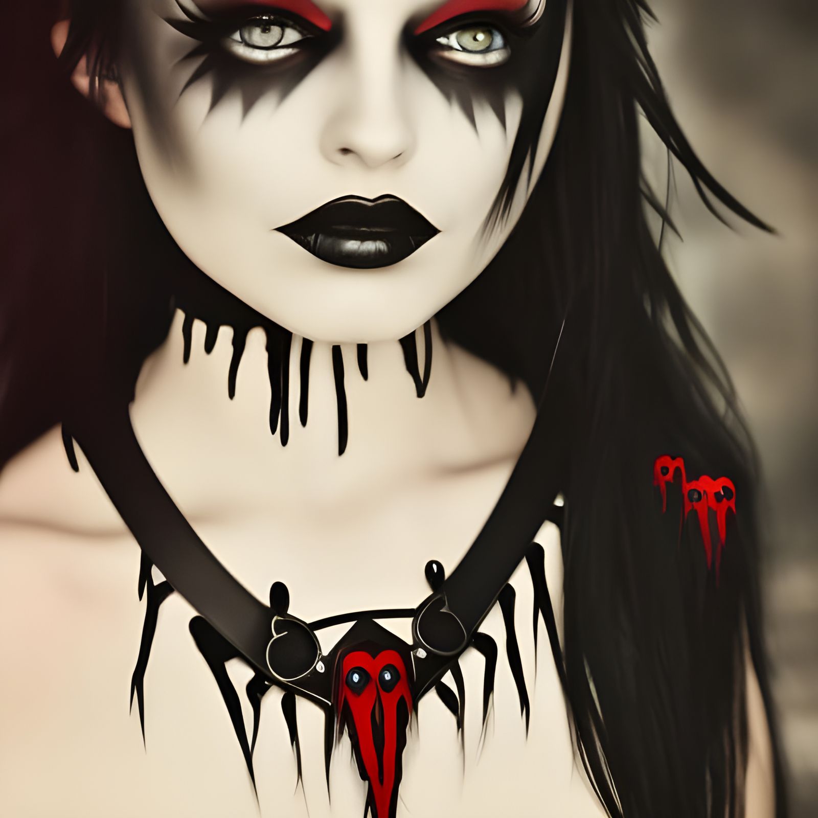 young lady with gothic make up beautifully done& long black hair& red eyes& spiked choker around her neck& Metalhead vib...