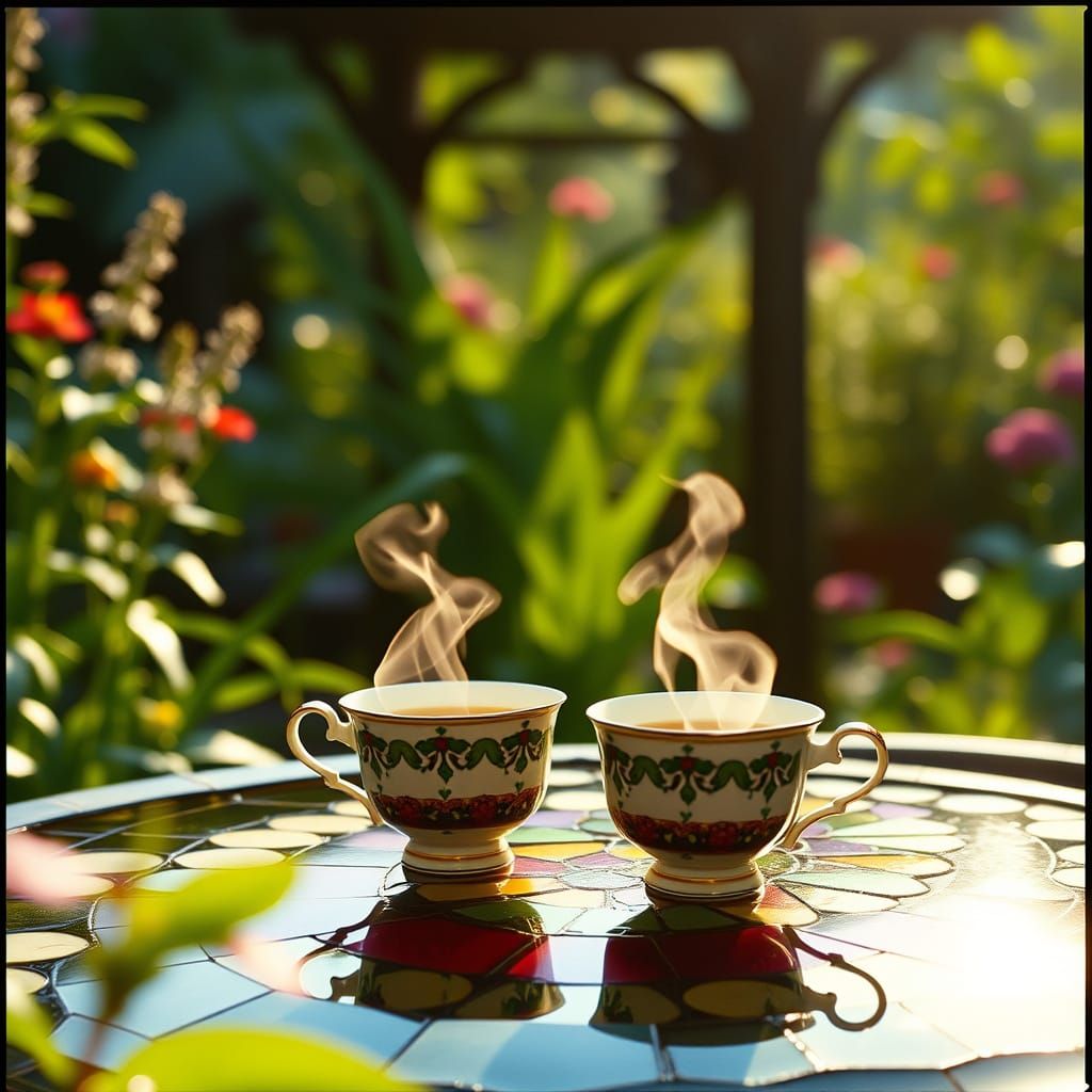 Sunlit Tea on Stained Glass Fountain, Cinematic Style