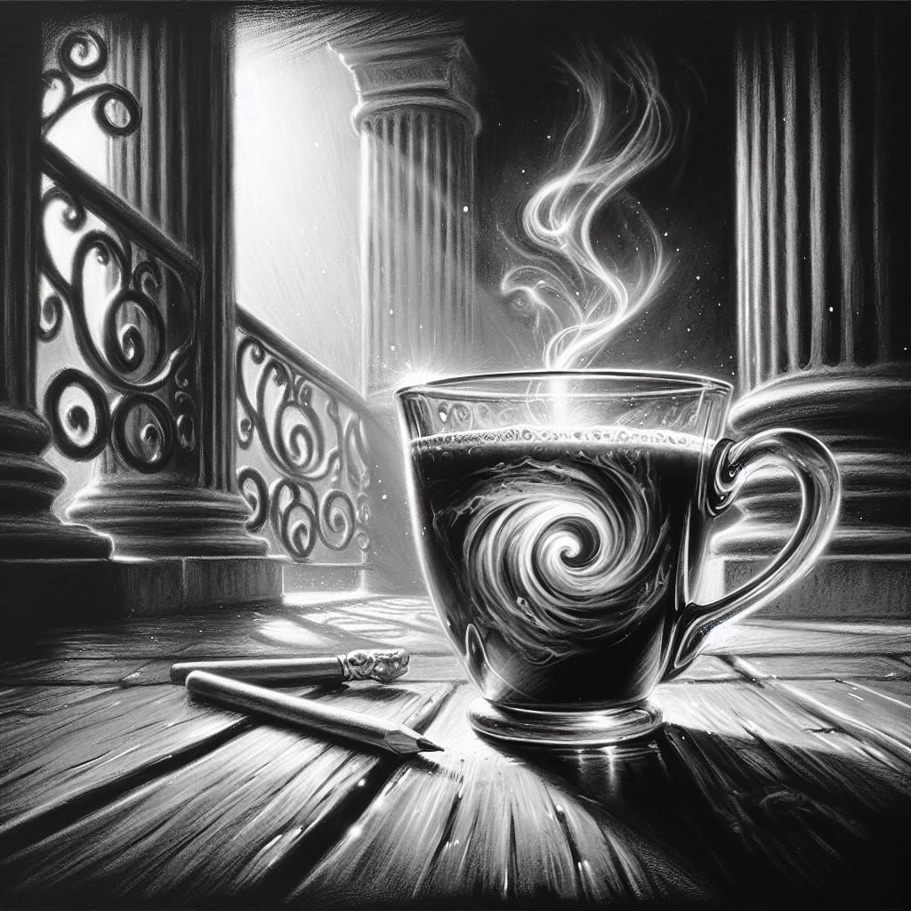 Monochrome Coffee Mug on Ornate Porch