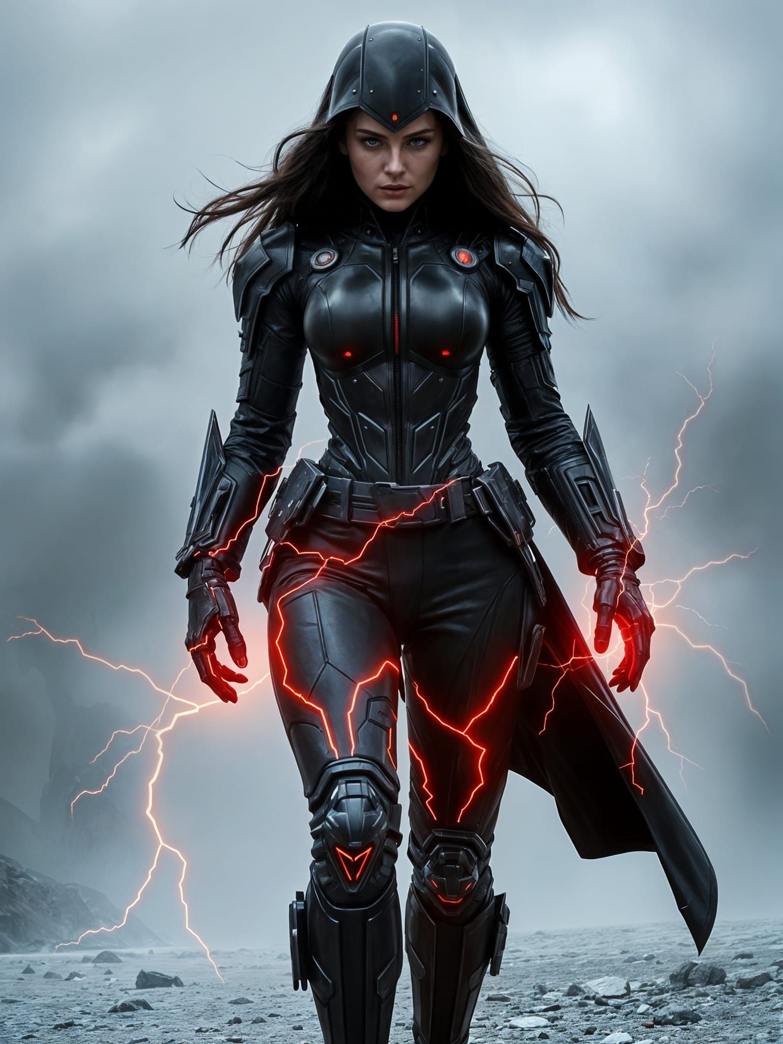 Cybernetic Warrior Woman in Red Electric Armor