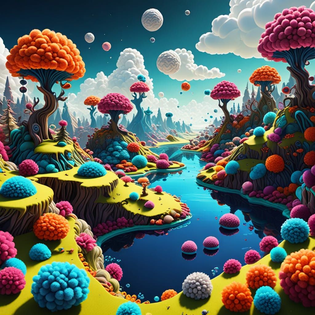 Surreal Pom-Pom Islands in Vibrant Digital Art