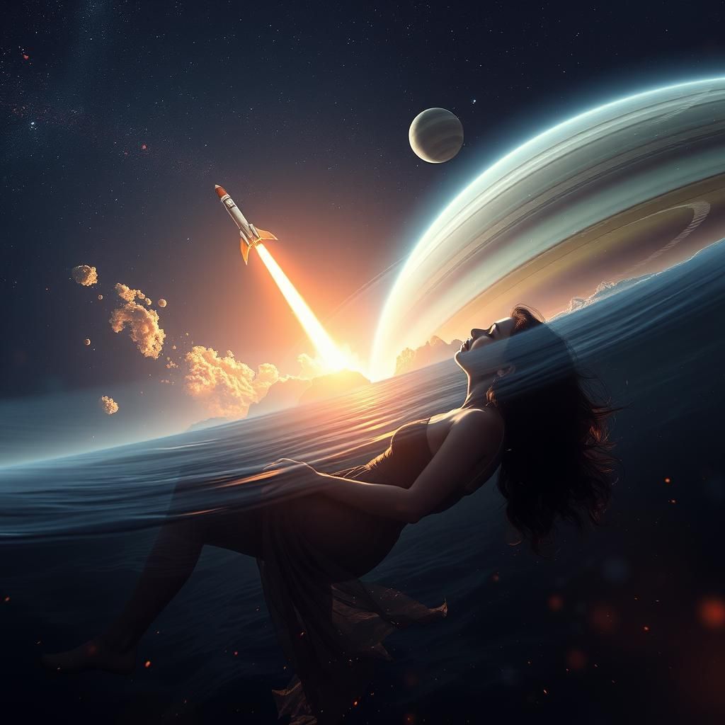 Woman in Space Double Exposure: Rocket Launch