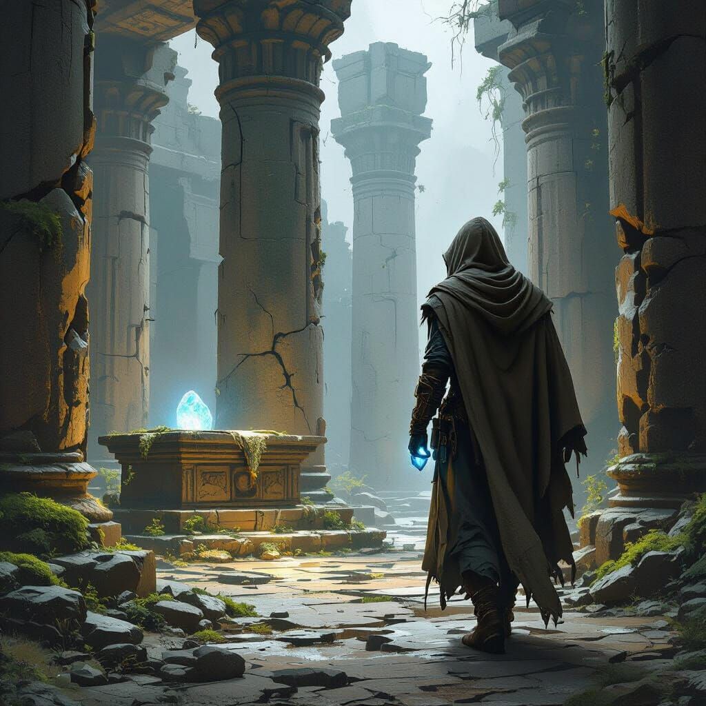 Thief Glancing Back at Ancient Temple with Gemstone