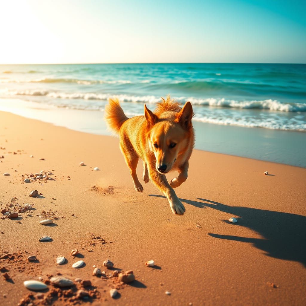 Dog Running Along Turquoise Shoreline