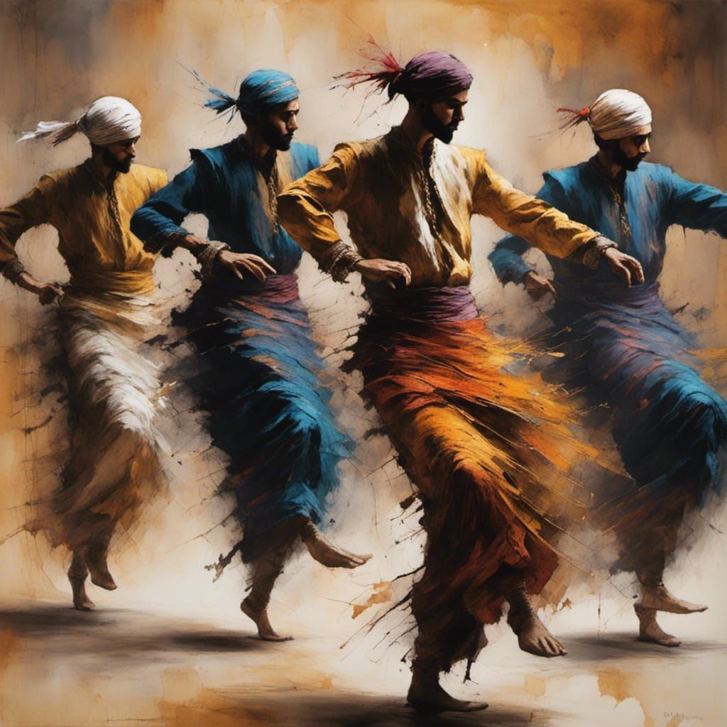 Arabic Dancers in Authentic Costume, Woodcut Style