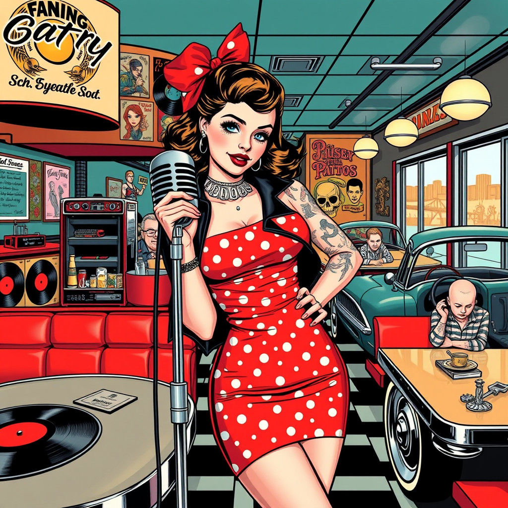 Retro Pin-Up Girl in Diner, Lowbrow Art Style