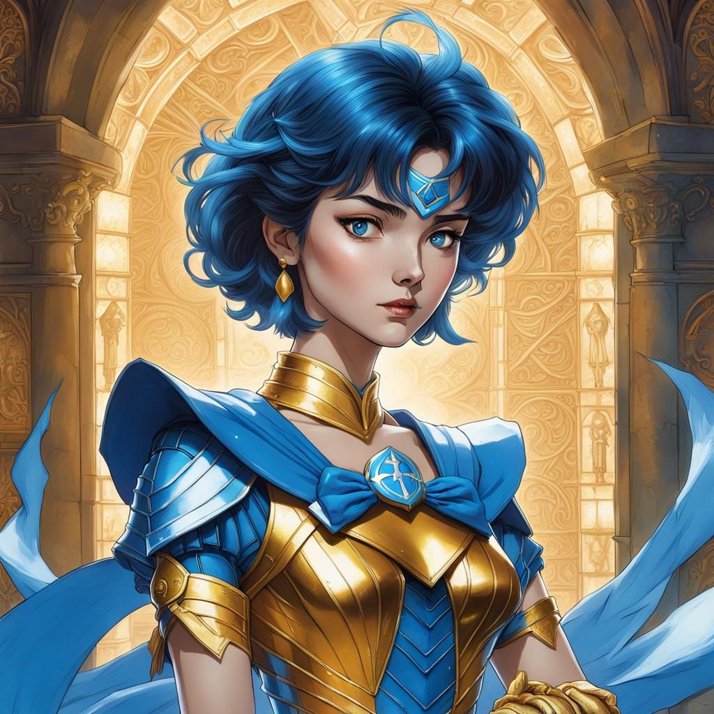 Sailor Mercury (Dungeons & Dragons Paladin), golden armor, f...