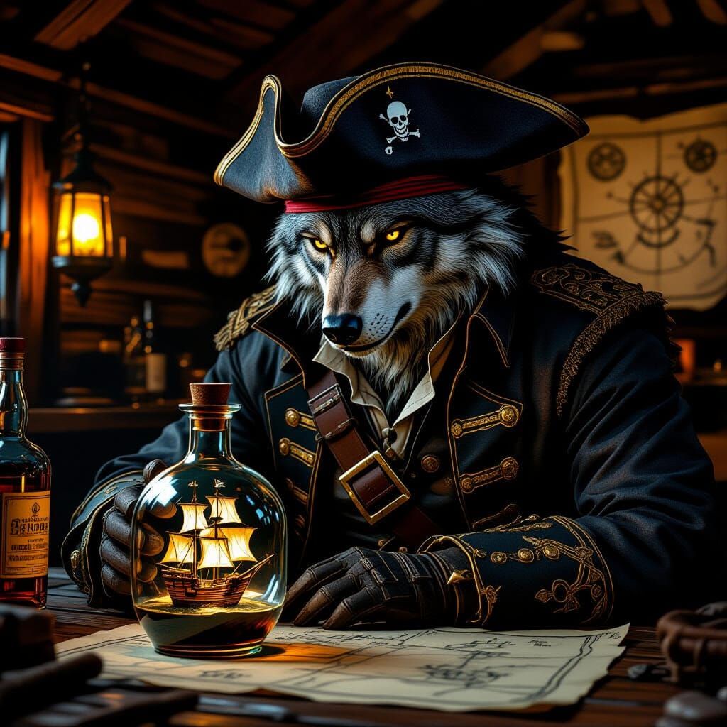 Wolf Pirate Captain Gazing at Ship, Digital Concept Art
