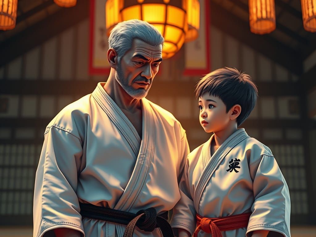 Father and Son Karate Training in Dojo, Anime Style