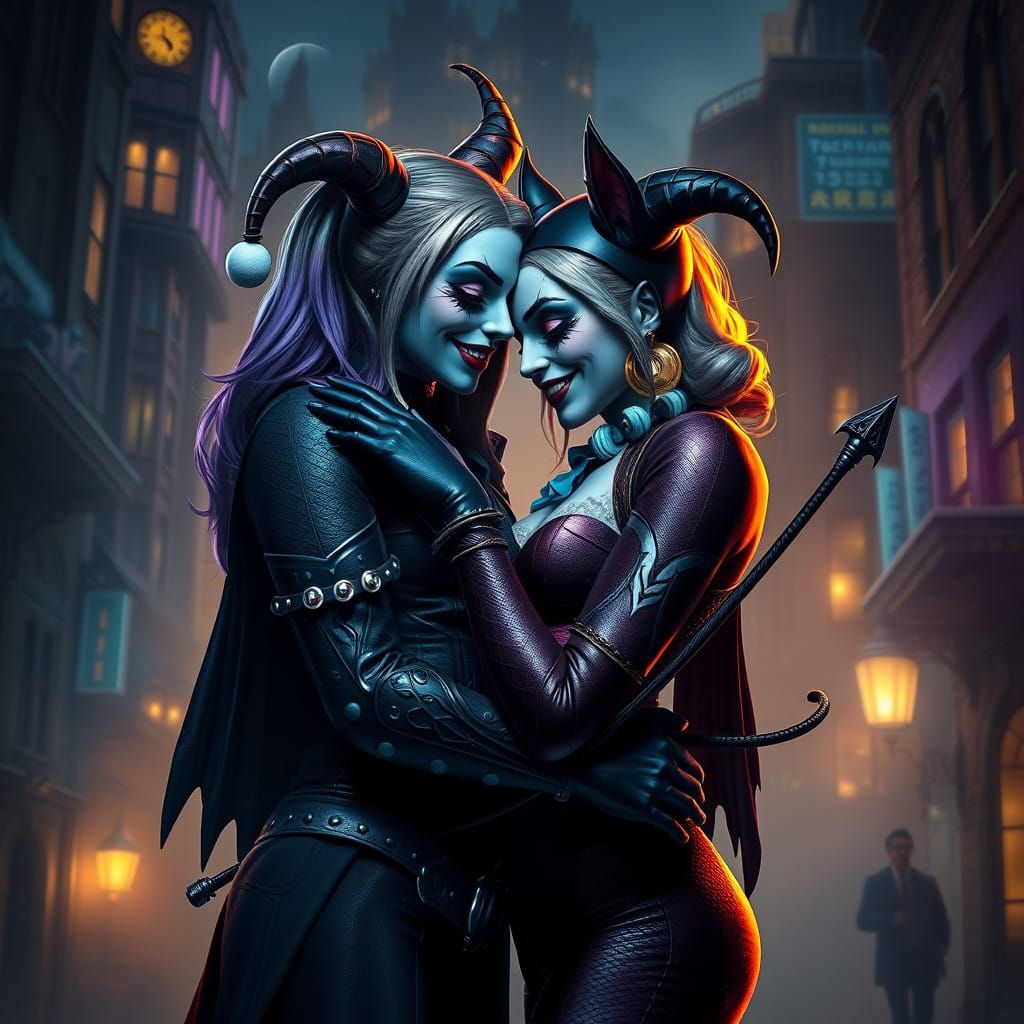 Harley Quinn and Catwoman Cuddle in Whimsical Gotham City Sc...