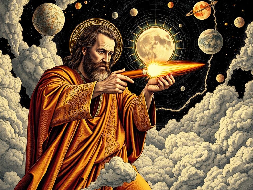 Jesus Christ Fires Cosmic Bullet at Charles Darwin in Woodcu...