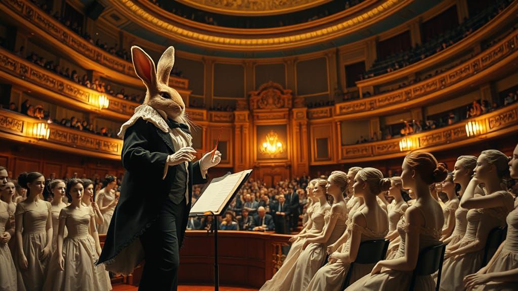 Rabbit Conductor Leads Mannequin Audience in Concert Hall
