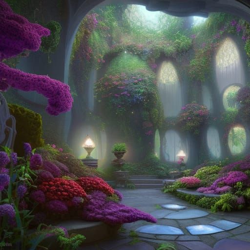 Fantastical Secret Garden Room in Detailed Matte Painting