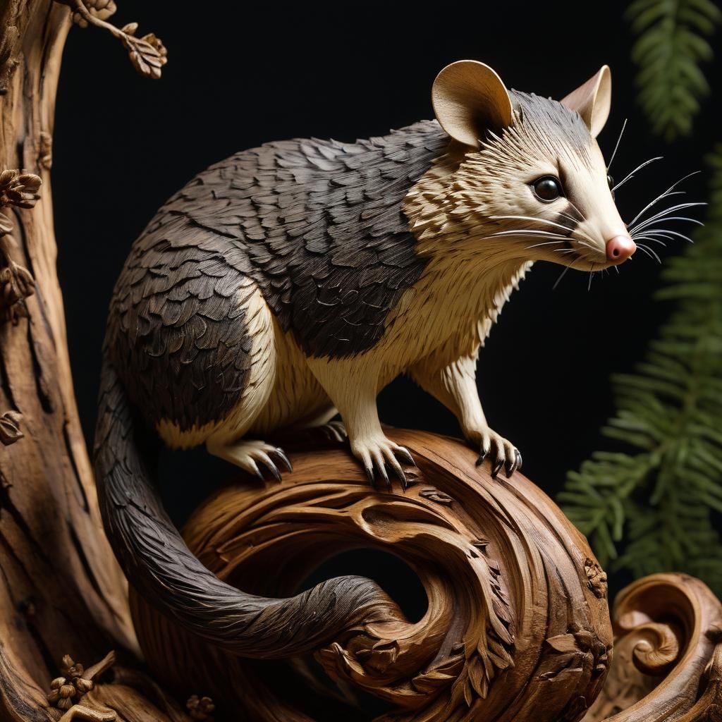 Intricate Wood Carving of a Triumphant Possum