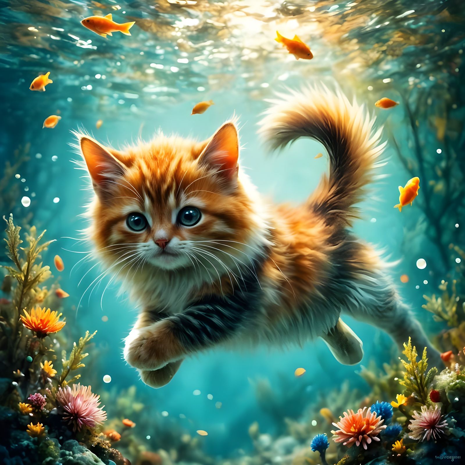 Whimsical Calico Cat Swimming Underwater in Vibrant Scene