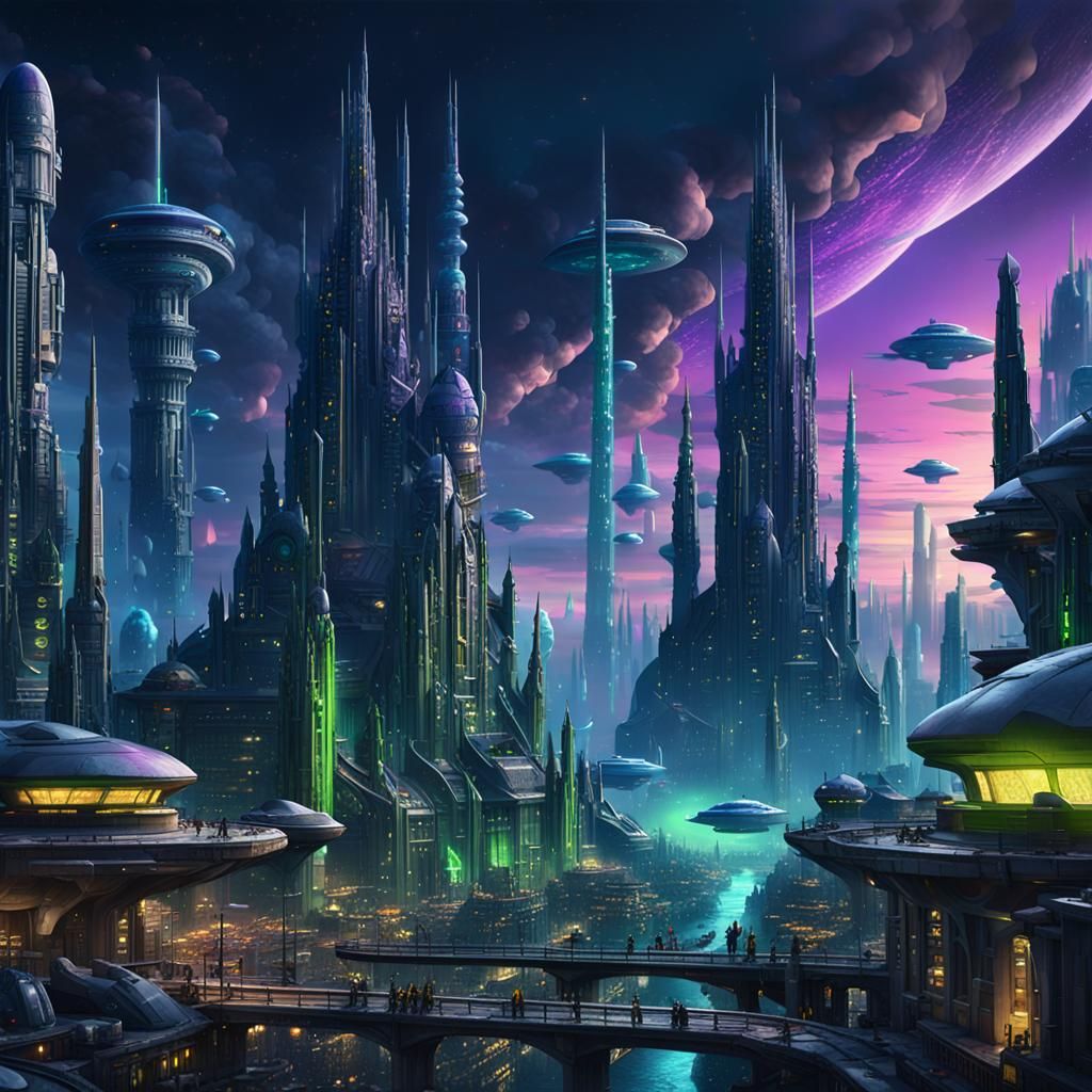 Futuristic City on Alien World with Hovering UFOs and Green...