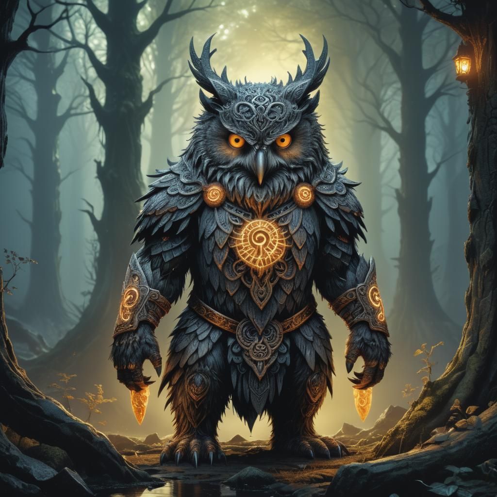 Celtic Owlbear in Eerie Forest, Digital Art