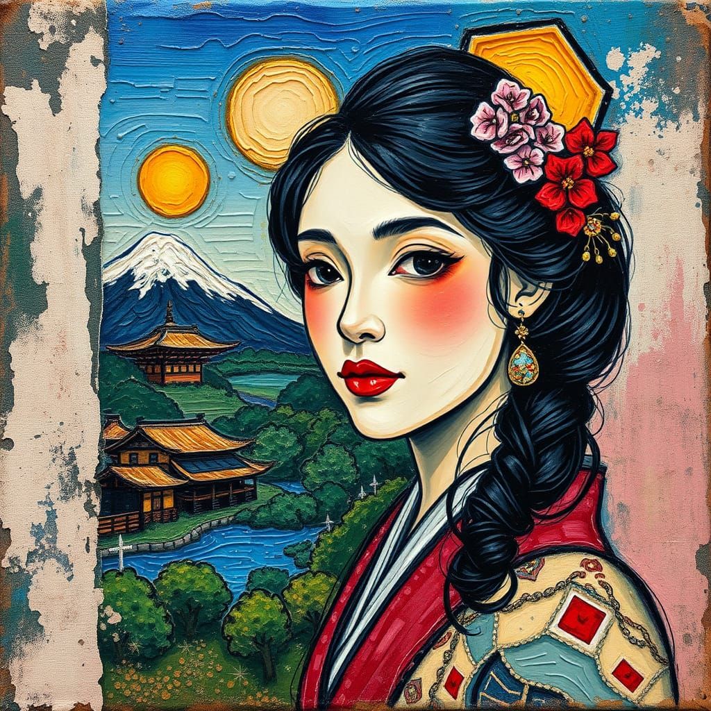 a painted old-school style surreal Picasso, Rembrandt, Van Gogh Japanese wood block scene, textured canvas, portrait stu...