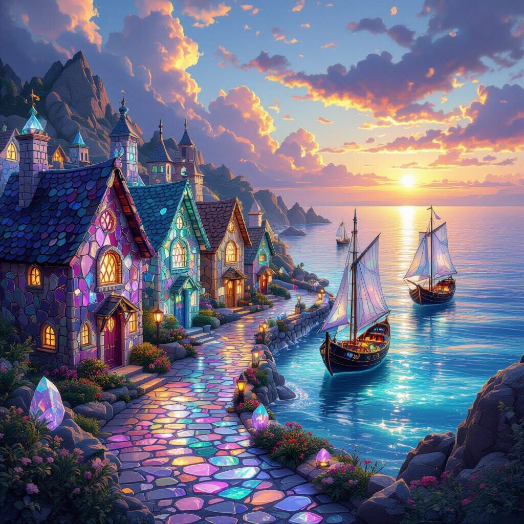 Gemstone Seaside Village Fantasy at Sunset