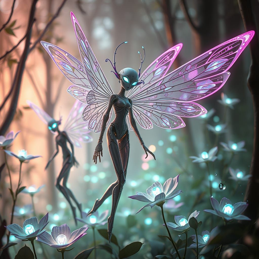 Cyborg Fairies in Dreamlike Iridescent Realm