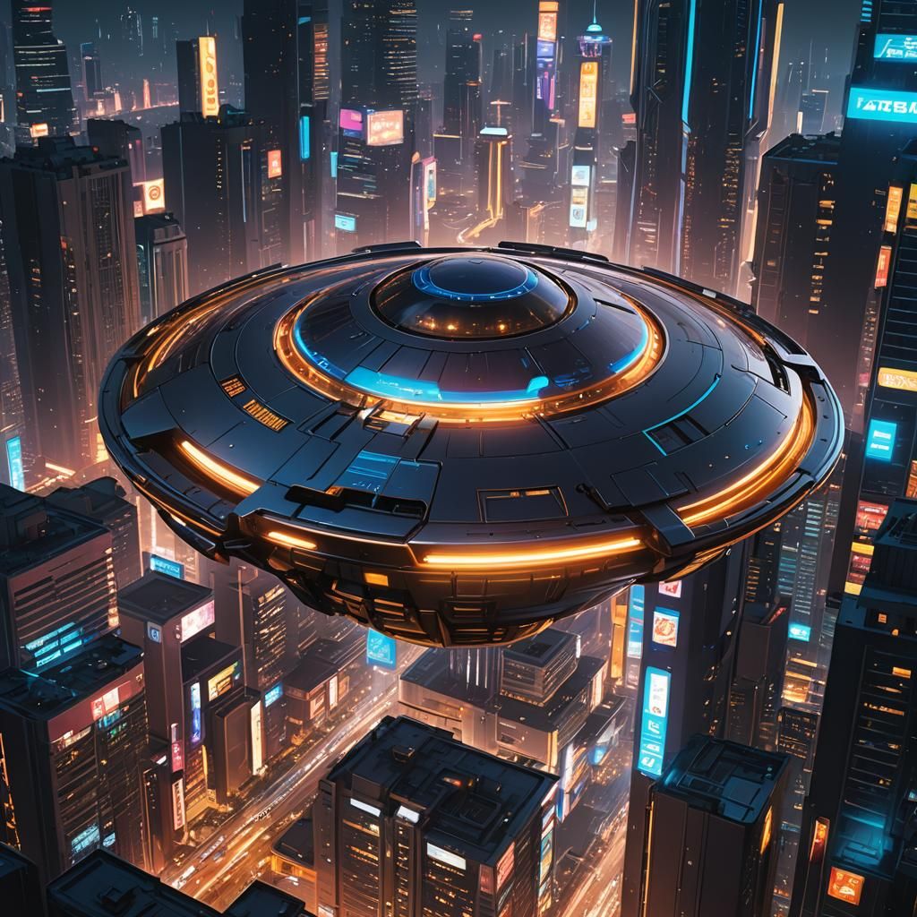 Cyberpunk UFO over Futuristic Cityscape